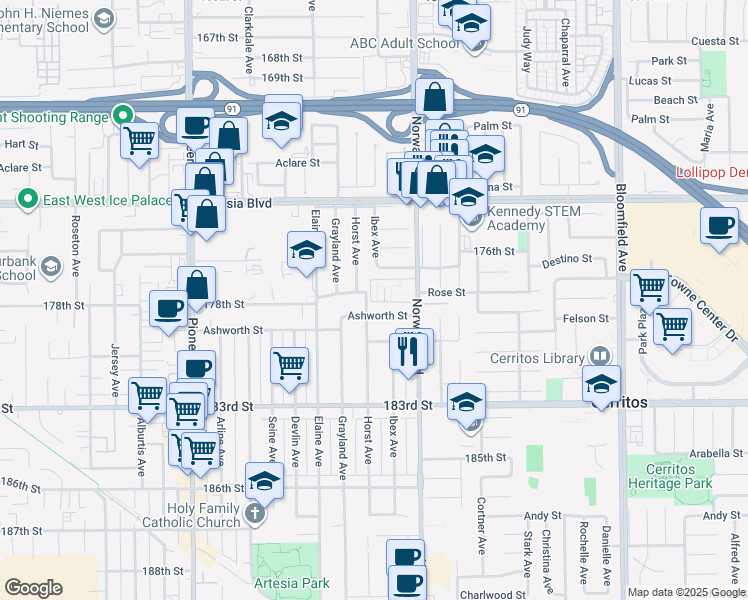 map of restaurants, bars, coffee shops, grocery stores, and more near 17721 Norwalk Boulevard in Artesia