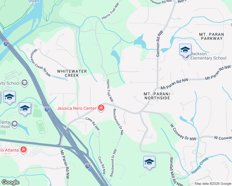 map of restaurants, bars, coffee shops, grocery stores, and more near 4181 Harris Trail Northwest in Atlanta