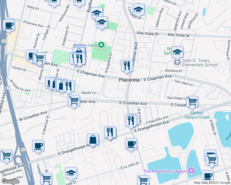map of restaurants, bars, coffee shops, grocery stores, and more near 338 Molokai Drive in Placentia