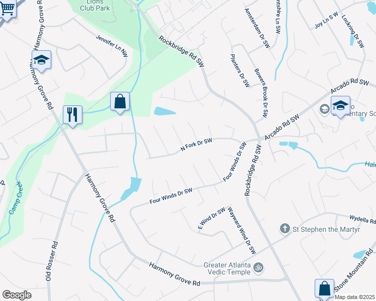 map of restaurants, bars, coffee shops, grocery stores, and more near 5465 North Fork Drive Southwest in Lilburn