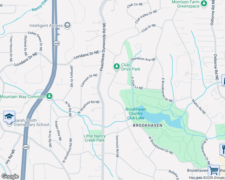 map of restaurants, bars, coffee shops, grocery stores, and more near 4210 Club Drive Northeast in Atlanta