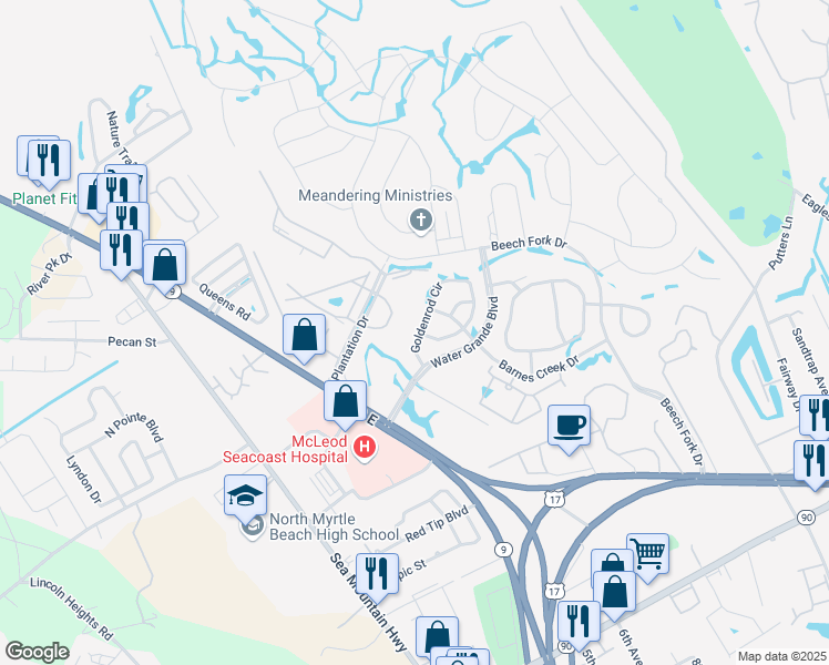 map of restaurants, bars, coffee shops, grocery stores, and more near 161 Goldenrod Circle in Little River