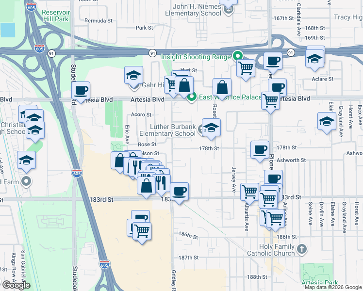 map of restaurants, bars, coffee shops, grocery stores, and more near 11425 178th Street in Artesia
