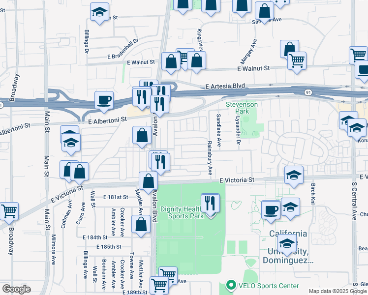 map of restaurants, bars, coffee shops, grocery stores, and more near 17700 Avalon Boulevard in Carson