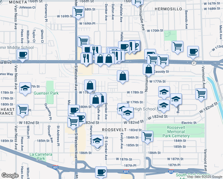 map of restaurants, bars, coffee shops, grocery stores, and more near 7658 Calvin Lane in Gardena