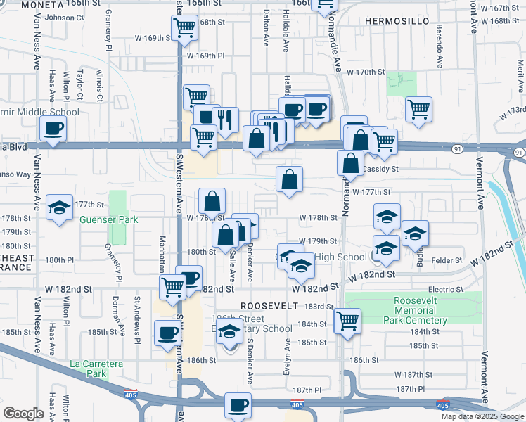 map of restaurants, bars, coffee shops, grocery stores, and more near 7658 Calvin Lane in Gardena