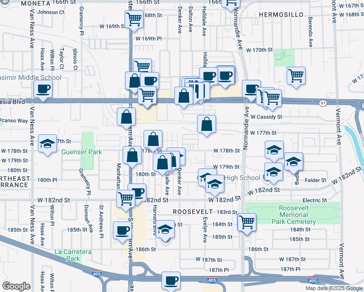 map of restaurants, bars, coffee shops, grocery stores, and more near 17700 South Western Avenue in Gardena