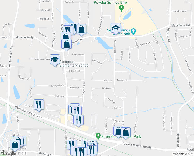 map of restaurants, bars, coffee shops, grocery stores, and more near 3968 Evelyn Drive in Powder Springs