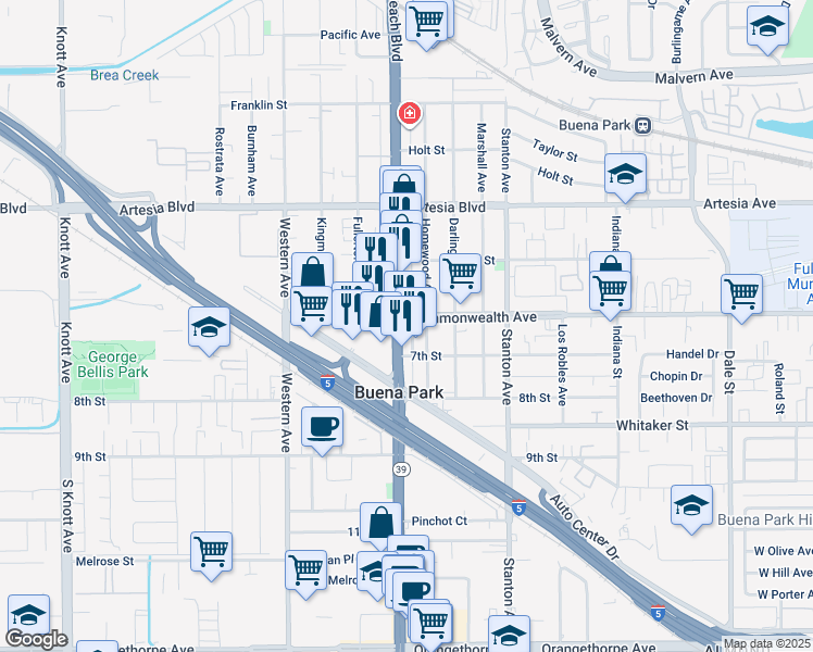map of restaurants, bars, coffee shops, grocery stores, and more near 6210 Beach Boulevard in Buena Park
