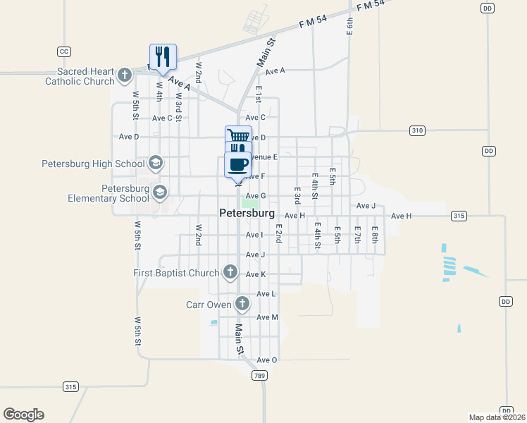 map of restaurants, bars, coffee shops, grocery stores, and more near 1600-1698 East 1st in Petersburg
