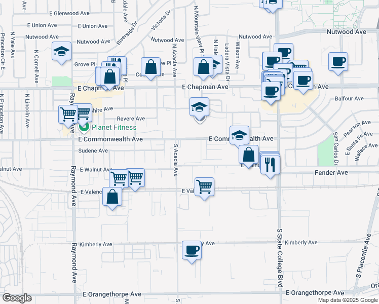 map of restaurants, bars, coffee shops, grocery stores, and more near 1736 East Commonwealth Avenue in Fullerton