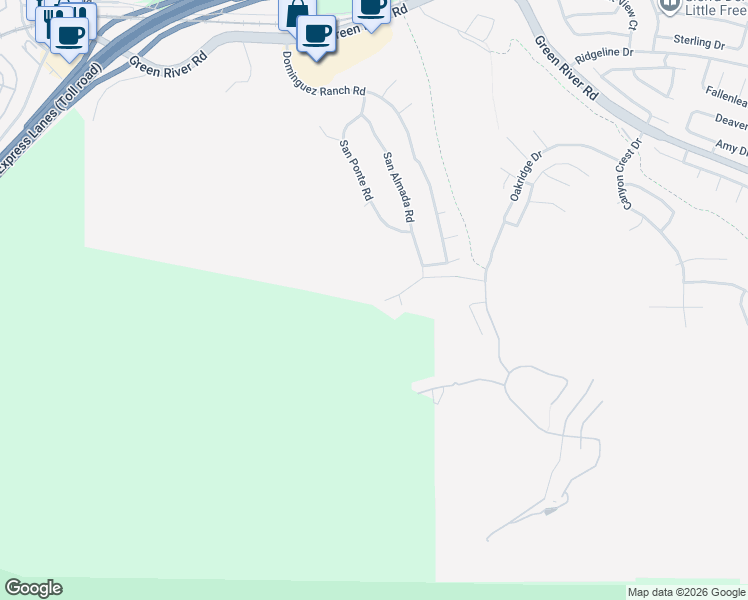 map of restaurants, bars, coffee shops, grocery stores, and more near 4263 San Ramon Drive in Corona