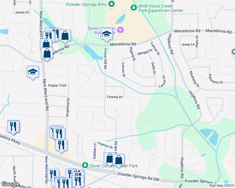 map of restaurants, bars, coffee shops, grocery stores, and more near 3861 Blythewood Circle in Powder Springs