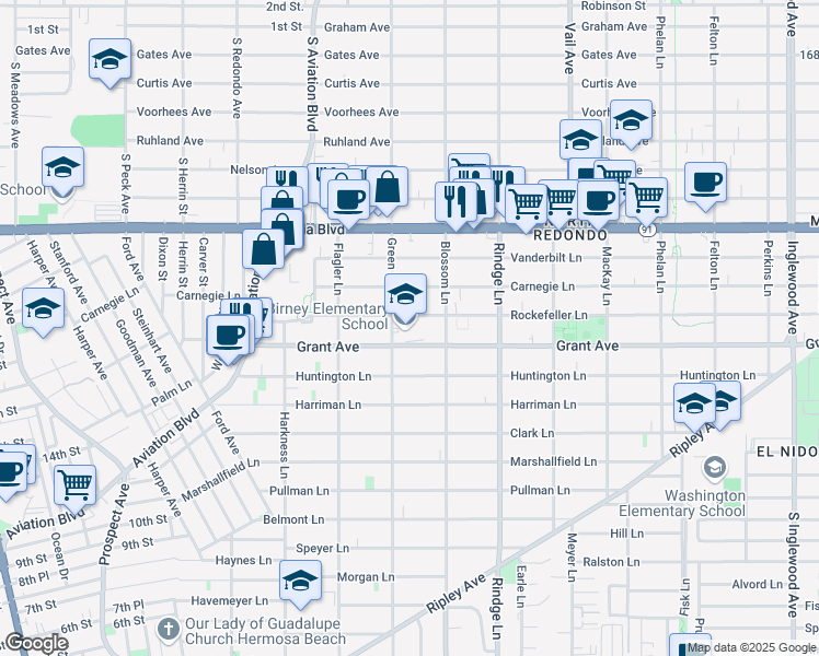 map of restaurants, bars, coffee shops, grocery stores, and more near 1600 Green Lane in Redondo Beach