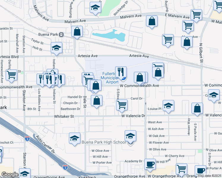 map of restaurants, bars, coffee shops, grocery stores, and more near 4128 West Commonwealth Avenue in Fullerton