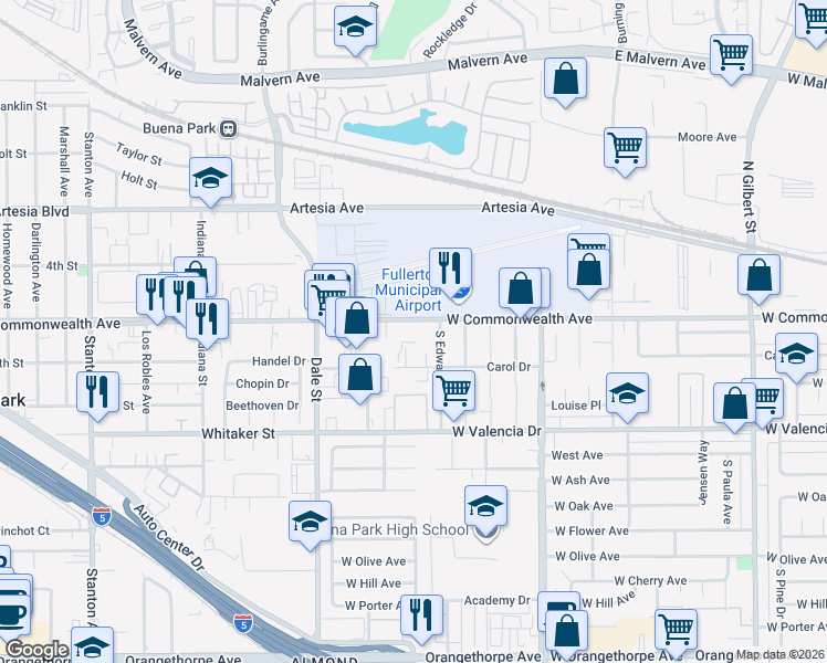 map of restaurants, bars, coffee shops, grocery stores, and more near 4128 West Commonwealth Avenue in Fullerton