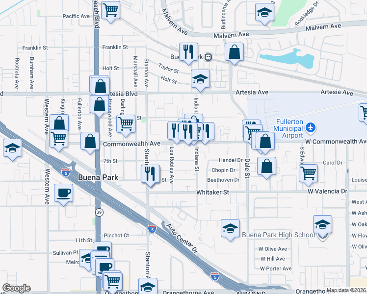 map of restaurants, bars, coffee shops, grocery stores, and more near 8180 Commonwealth Avenue in Buena Park