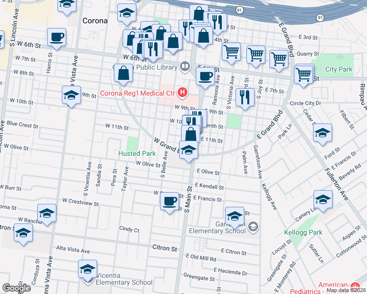 map of restaurants, bars, coffee shops, grocery stores, and more near 1110 South Washburn Avenue in Corona