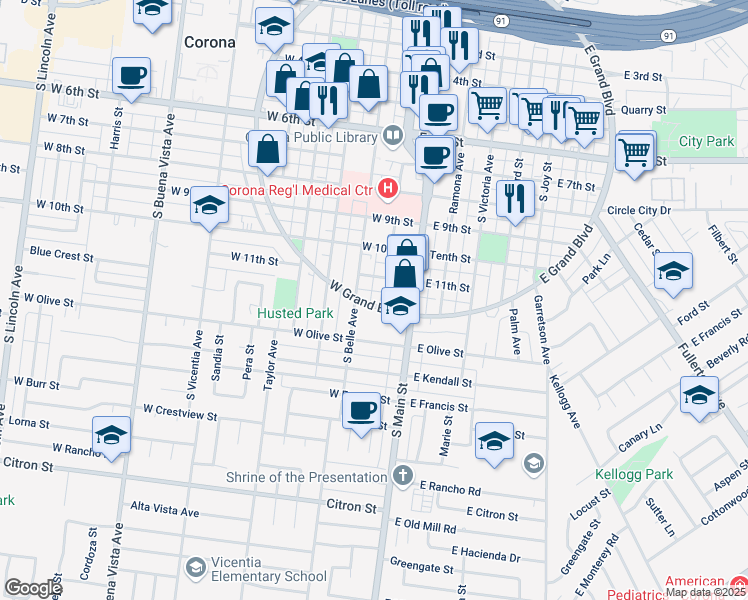map of restaurants, bars, coffee shops, grocery stores, and more near 1110 South Washburn Avenue in Corona