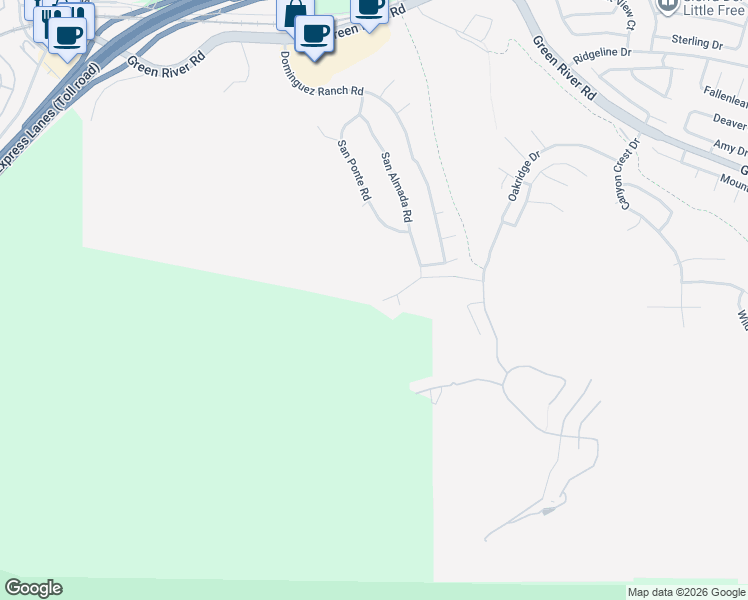 map of restaurants, bars, coffee shops, grocery stores, and more near 4263 San Ramon Drive in Corona