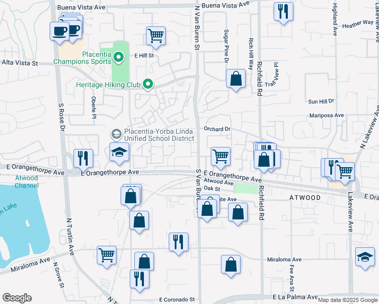 map of restaurants, bars, coffee shops, grocery stores, and more near 1548 Spruce Street in Placentia