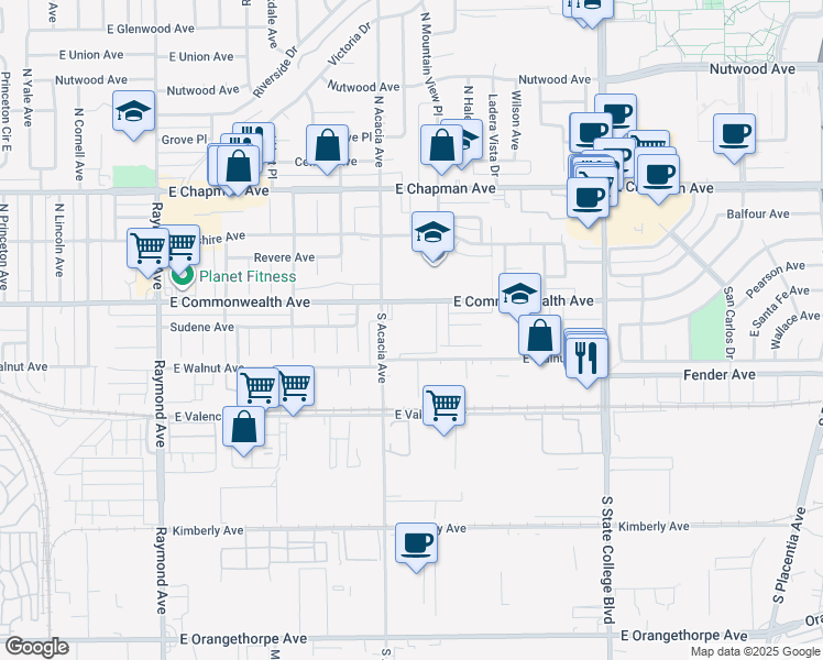 map of restaurants, bars, coffee shops, grocery stores, and more near 1816 East Commonwealth Avenue in Fullerton