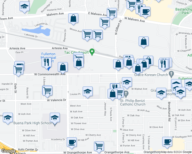 map of restaurants, bars, coffee shops, grocery stores, and more near 2420 West Commonwealth Avenue in Fullerton
