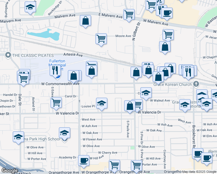 map of restaurants, bars, coffee shops, grocery stores, and more near 2420 West Commonwealth Avenue in Fullerton