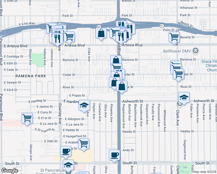 map of restaurants, bars, coffee shops, grocery stores, and more near 8815 Rose Street in Bellflower