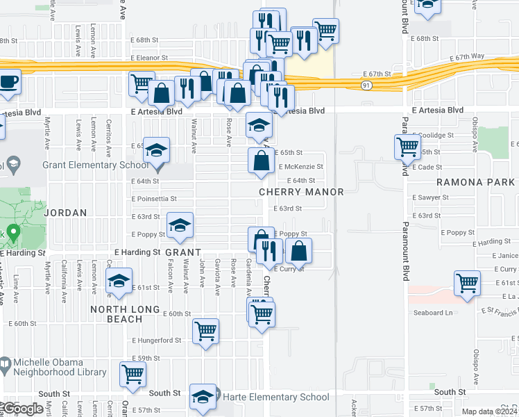 map of restaurants, bars, coffee shops, grocery stores, and more near in Long Beach
