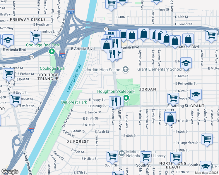 map of restaurants, bars, coffee shops, grocery stores, and more near 535 East Adams Street in Long Beach