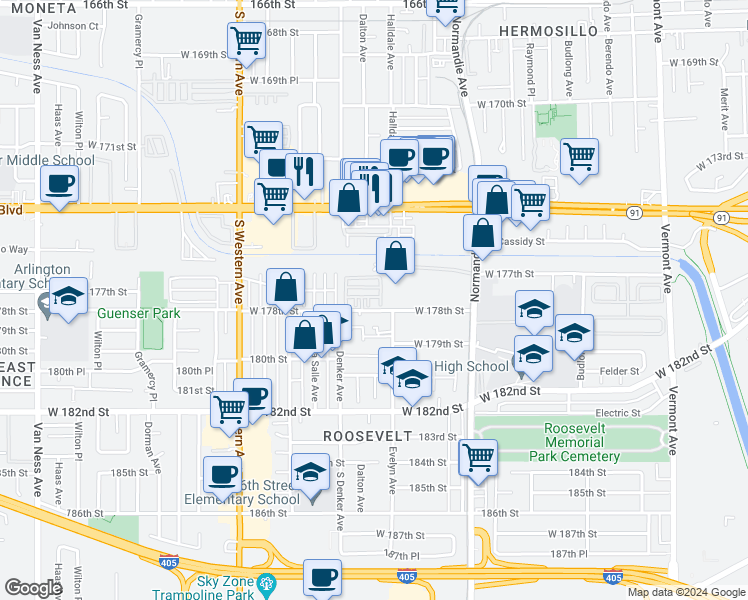 map of restaurants, bars, coffee shops, grocery stores, and more near 1515 West 178th Street in Gardena