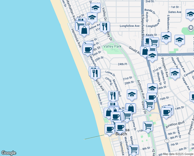 map of restaurants, bars, coffee shops, grocery stores, and more near 2236 Hermosa Avenue in Hermosa Beach