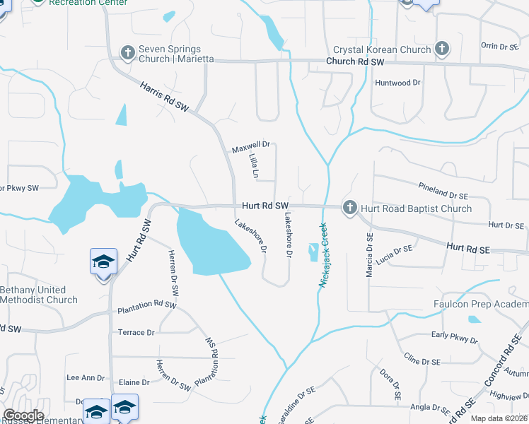 map of restaurants, bars, coffee shops, grocery stores, and more near 190 Hurt Road Southwest in Smyrna
