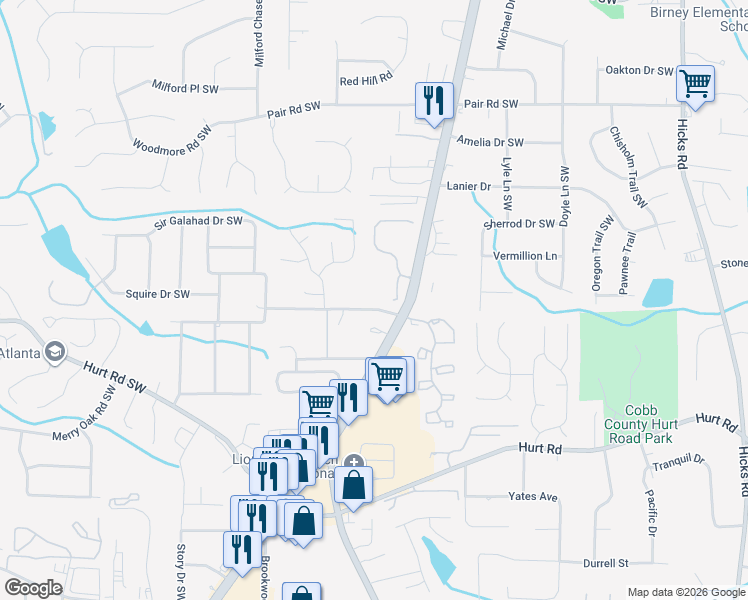 map of restaurants, bars, coffee shops, grocery stores, and more near 1356 Amy Lane Southwest in Marietta