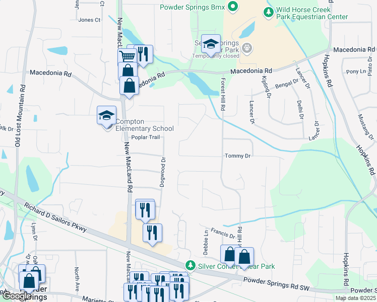 map of restaurants, bars, coffee shops, grocery stores, and more near 3968 Evelyn Drive in Powder Springs
