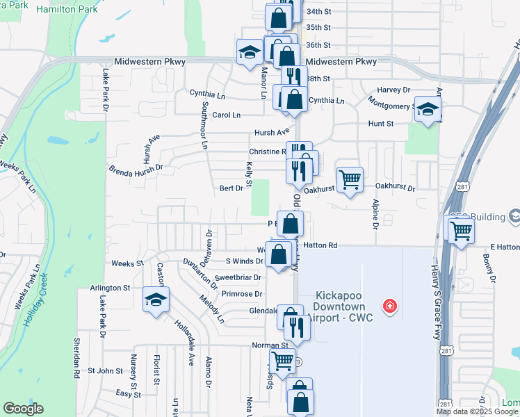 map of restaurants, bars, coffee shops, grocery stores, and more near 1514 P B Ln in Wichita Falls