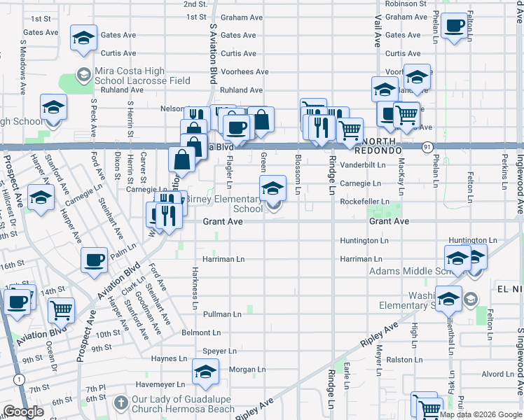 map of restaurants, bars, coffee shops, grocery stores, and more near 1922 1/2 Rockefeller Lane in Redondo Beach