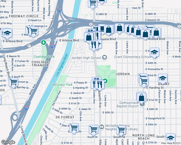 map of restaurants, bars, coffee shops, grocery stores, and more near 540 East Adams Street in Long Beach