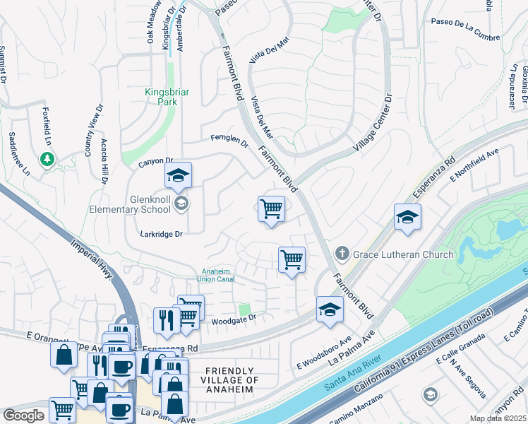 map of restaurants, bars, coffee shops, grocery stores, and more near 6330 Golden Gate Drive in Yorba Linda
