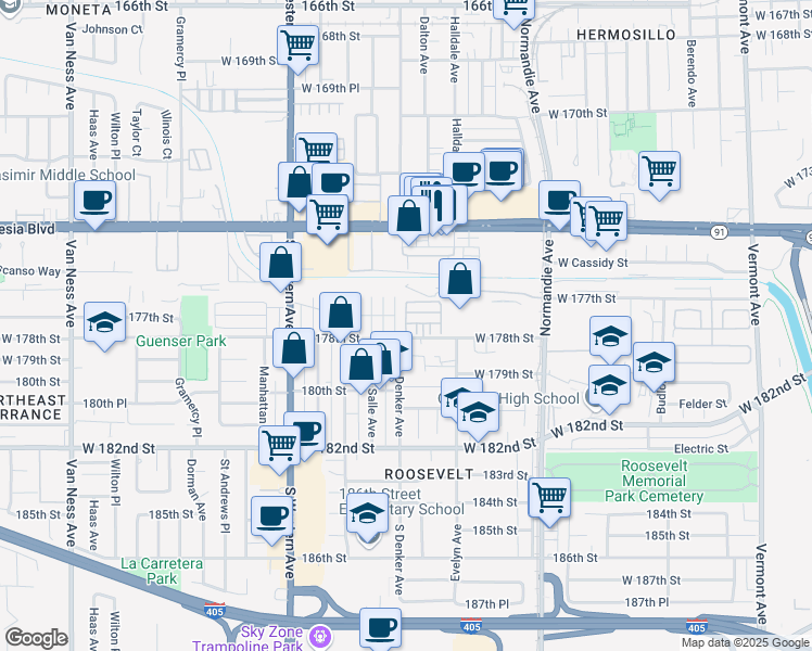 map of restaurants, bars, coffee shops, grocery stores, and more near 17700 South Western Avenue in Gardena