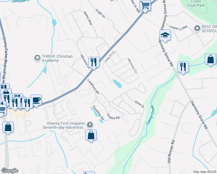 map of restaurants, bars, coffee shops, grocery stores, and more near 465 Villa Place Court in Tucker