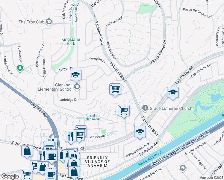 map of restaurants, bars, coffee shops, grocery stores, and more near 6330 Golden Gate Drive in Yorba Linda