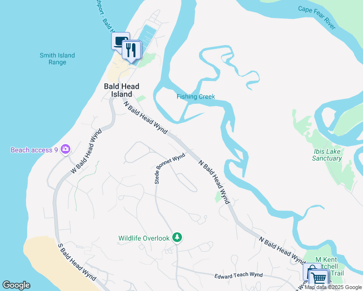 map of restaurants, bars, coffee shops, grocery stores, and more near 4 Stede Bonnet Close in Bald Head Island