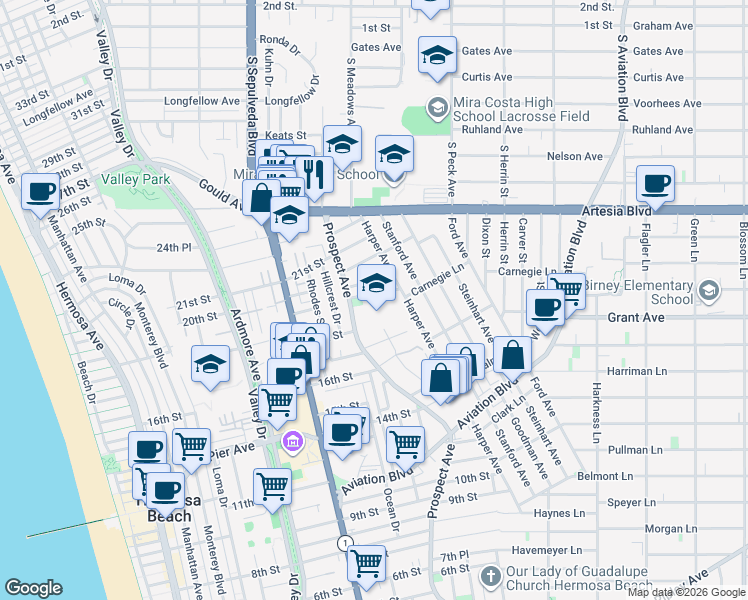 map of restaurants, bars, coffee shops, grocery stores, and more near 1204 19th Street in Hermosa Beach