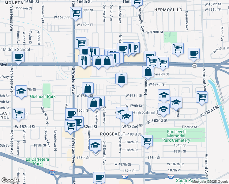 map of restaurants, bars, coffee shops, grocery stores, and more near 1515 West 178th Street in Gardena