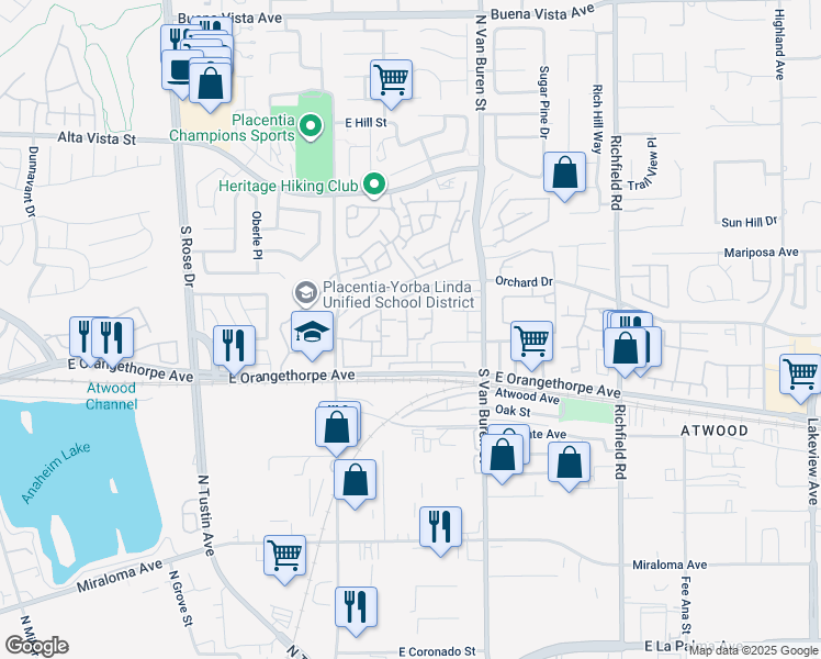 map of restaurants, bars, coffee shops, grocery stores, and more near 310 South Jefferson Street in Placentia