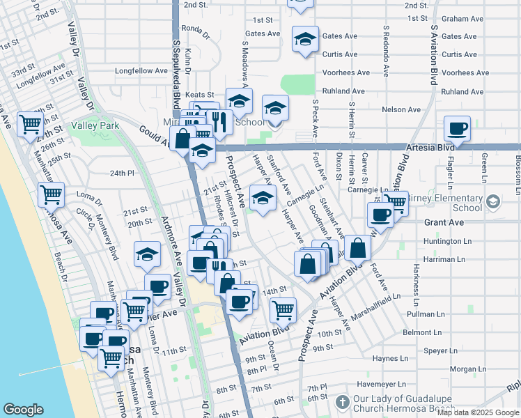 map of restaurants, bars, coffee shops, grocery stores, and more near 1204 19th Street in Hermosa Beach