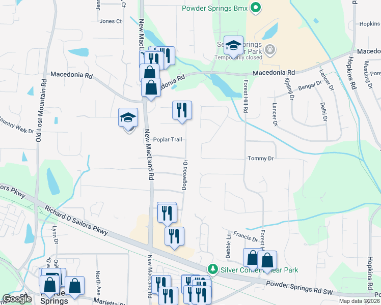 map of restaurants, bars, coffee shops, grocery stores, and more near 3390 Dogwood Drive in Powder Springs