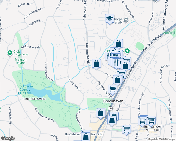 map of restaurants, bars, coffee shops, grocery stores, and more near 1150 Brookhaven Commons Drive Northeast in Atlanta
